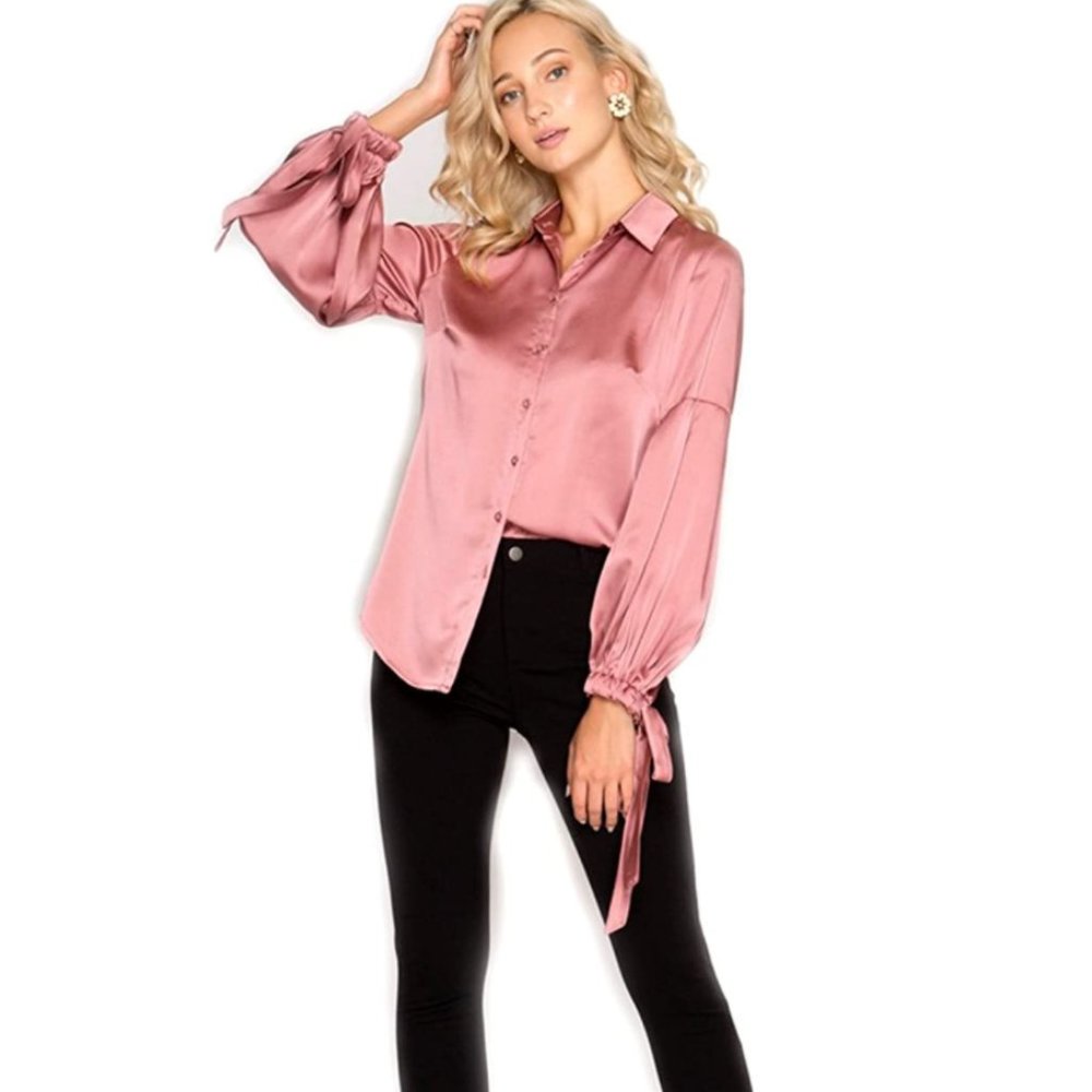 She + Sky Pink Silky Button-down Blouse MED - Picture 1 of 12